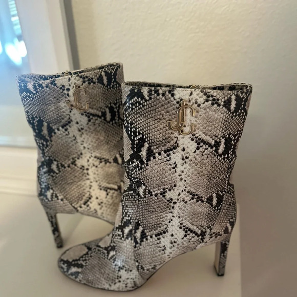 JIMMY CHOO Snake Leather Stone Color Midcalf Boots. Size 42. - Picture 1 of 17